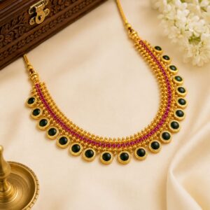 Round Palakka Necklace – Kerala Green Stone Gold-Plated Traditional Jewellery — View 1 | Kerala gold-plated premium | Mayukhi Collection