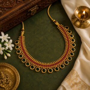 Round Palakka Necklace – Kerala Green Stone Gold-Plated Traditional Jewellery