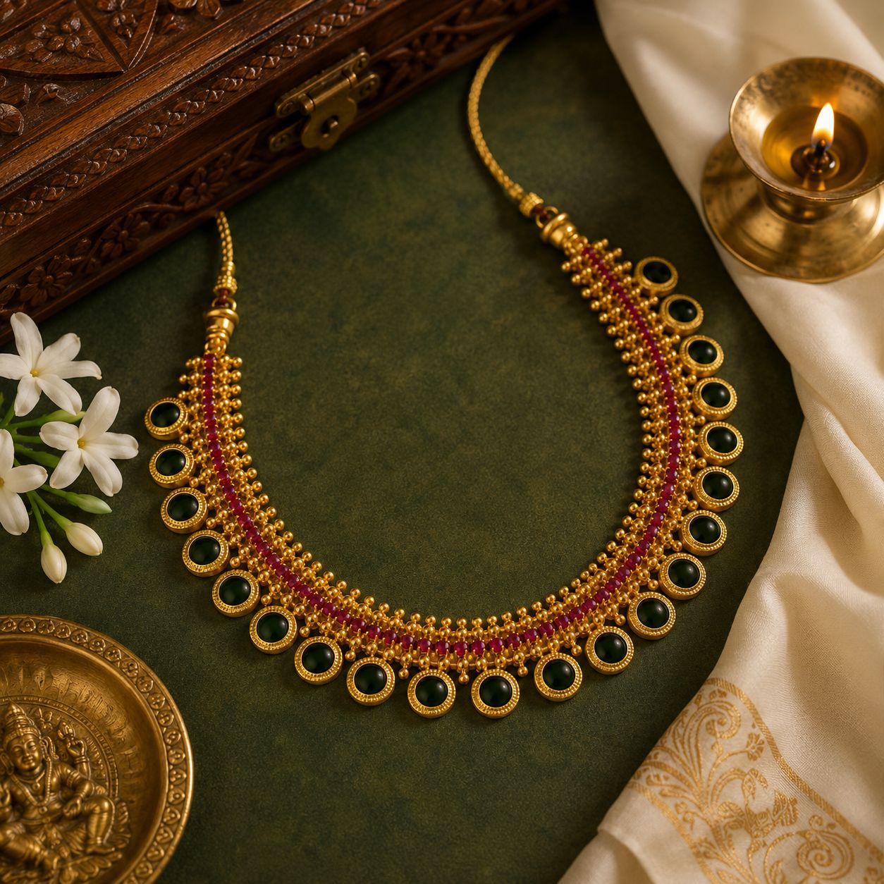 Round Palakka Necklace – Kerala Green Stone Gold-Plated Traditional Jewellery