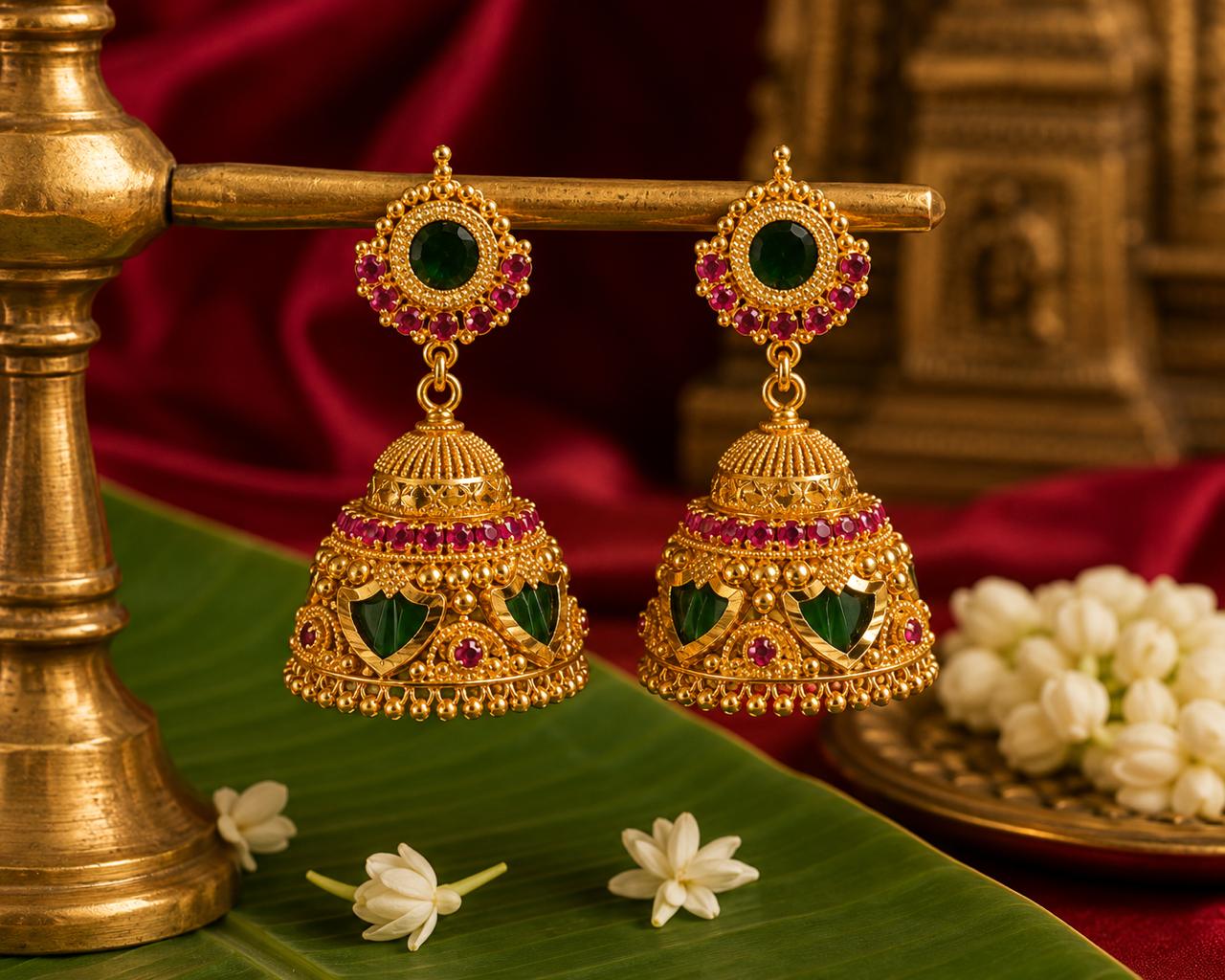 Bridal Palakka Jhumka – Kerala Traditional Gold-Plated Earrings