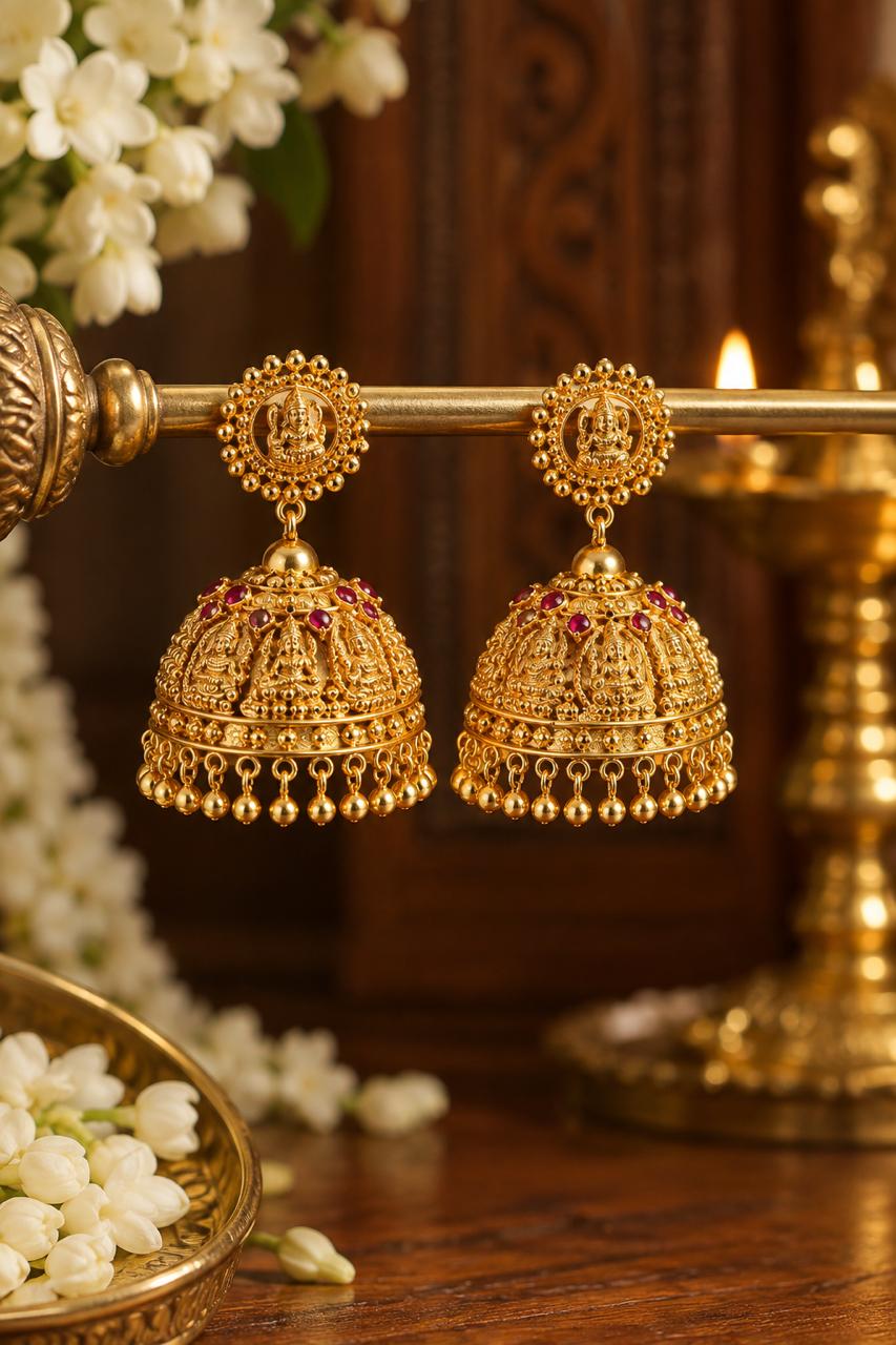 Majestic Lakshmi Jhumkas | Authentic Temple Jewelry Earrings