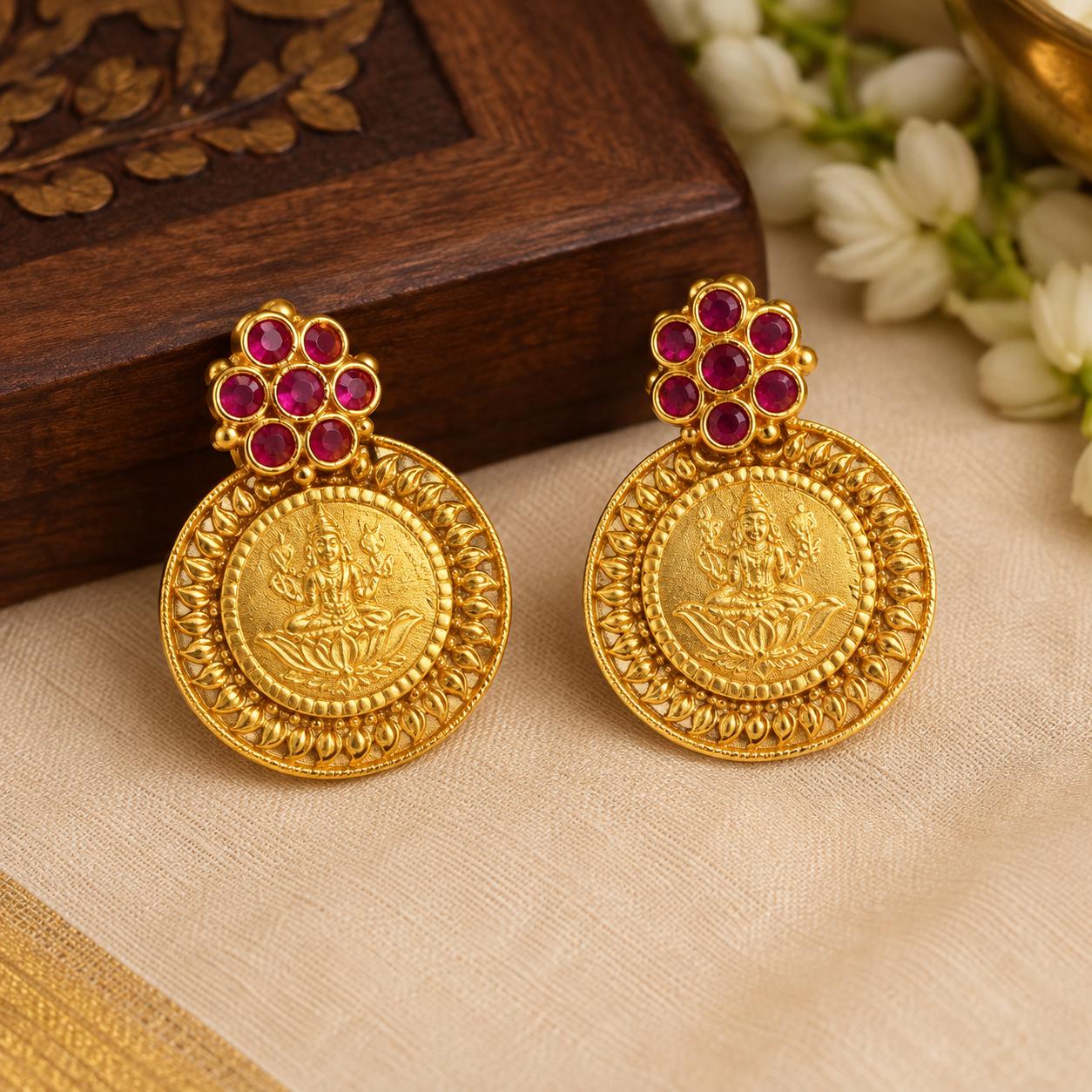 Divine Lakshmi Coin Stud Earrings | Auspicious Festive Jewelry
