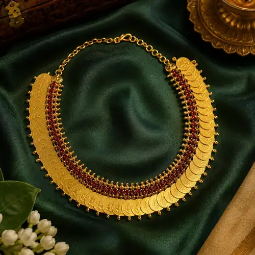 Addukkukashi Necklace (Ruby Stone)| Kerala Traditional Gold-Plated Jewellery