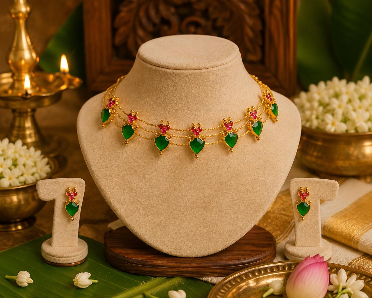 Palakka Choker Set | Traditional Green Stone Temple Jewellery for Women