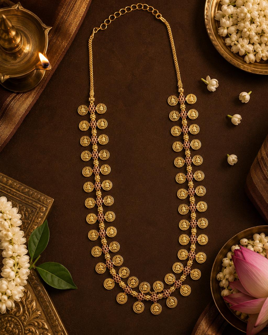Manjeri Long Haram - Double Layer Gold Coin Temple Jewellery