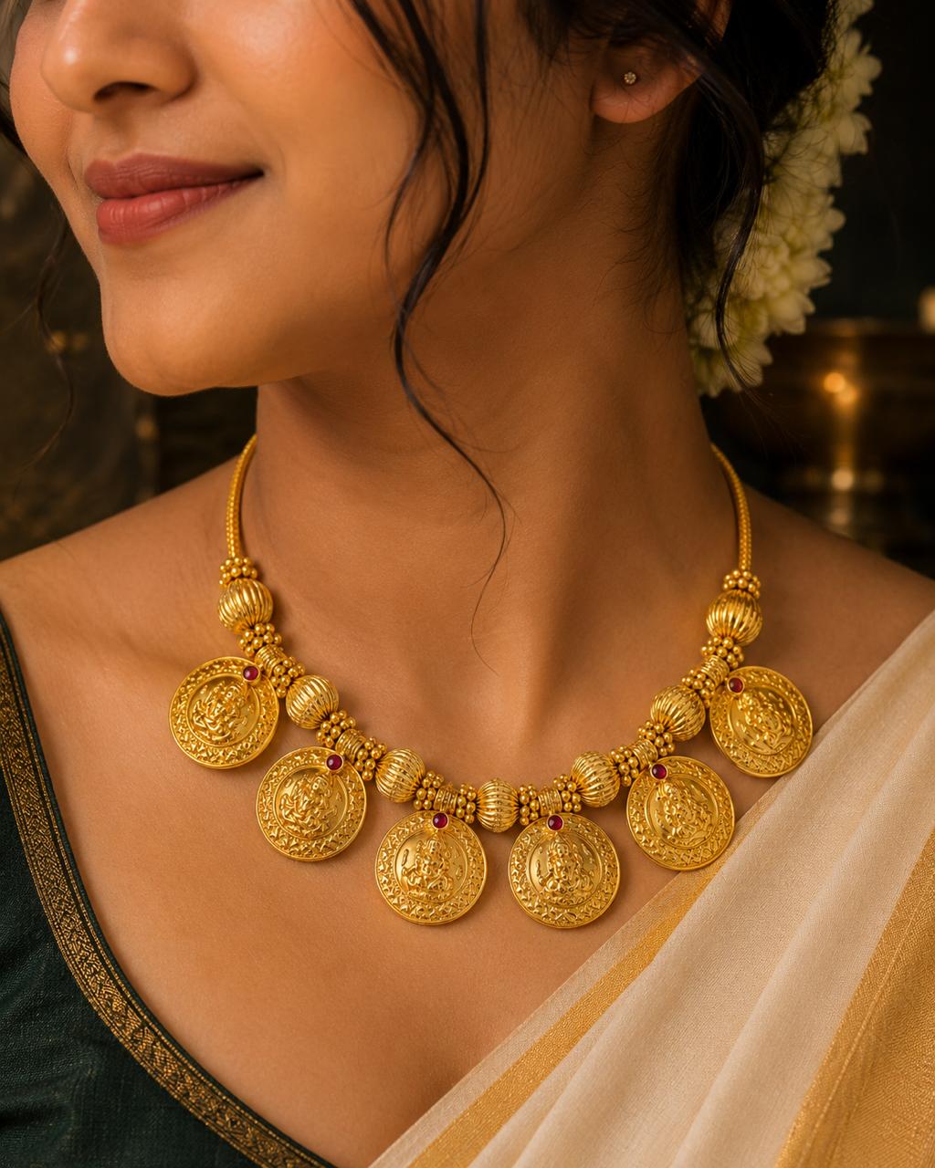 Panchalekshmi Mala – Five Lakshmi Coin Necklace | Temple Jewellery