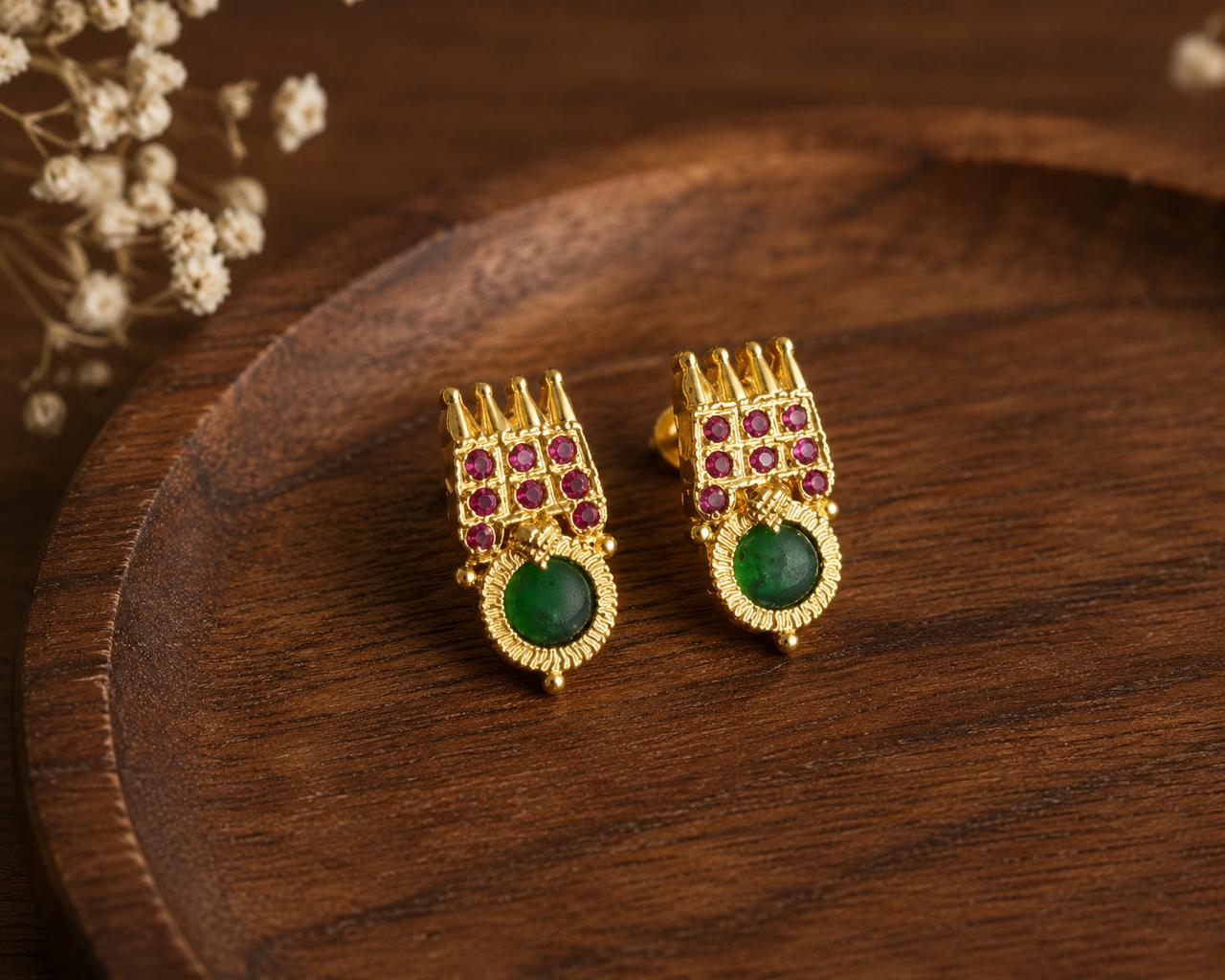 Round Palakka Stud – Kerala Green Stone Gold-Plated Temple Earrings