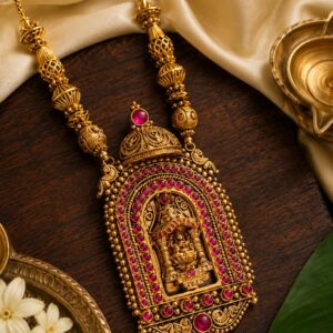 Handcrafted Kshetra temple necklace antique gold finish detailed close-up