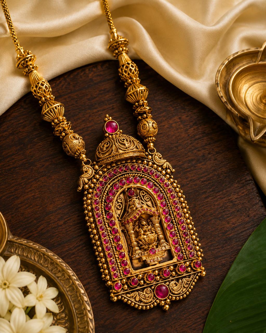 Handcrafted Kshetra temple necklace antique gold finish detailed close-up