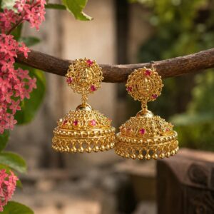 Lekshmi bridal jhumkka detailed Goddess Lakshmi coin motif closeup