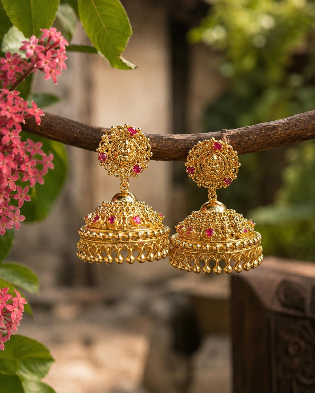 Lekshmi bridal jhumkka detailed Goddess Lakshmi coin motif closeup