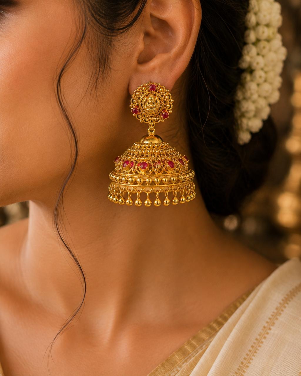 Lekshmi Bridal Jhumkka – Traditional Gold Temple Earrings