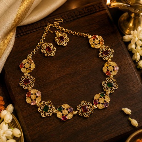 Navamala Necklace Set – Traditional Gold-Plated Kerala Jewellery with Matching Earrings