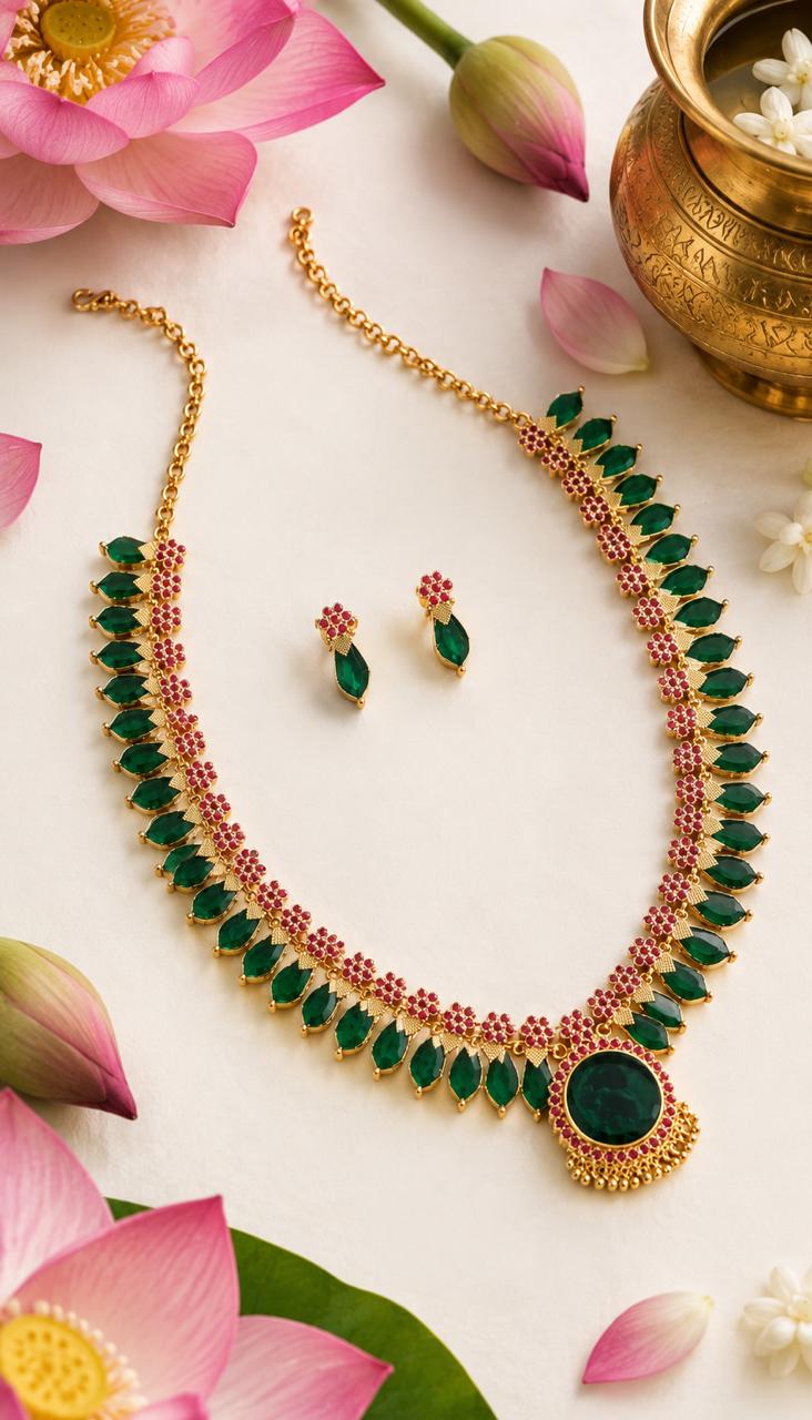 Nagadhara Necklace Set – Premium Emerald Green Temple Jewellery with Earrings