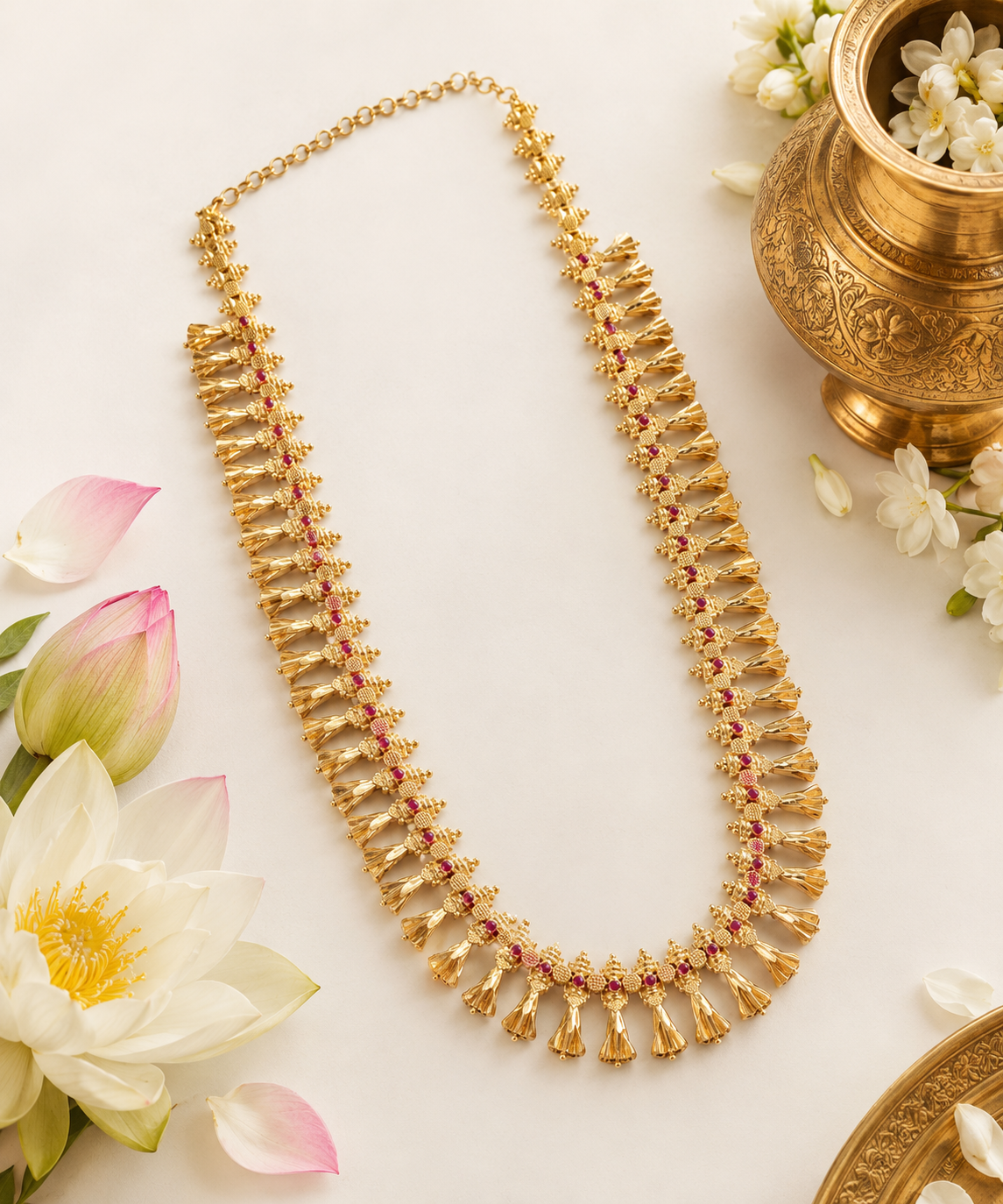 Shankupushpam Mala traditional Kerala temple jewellery long haram close-up detail with jasmine flowers