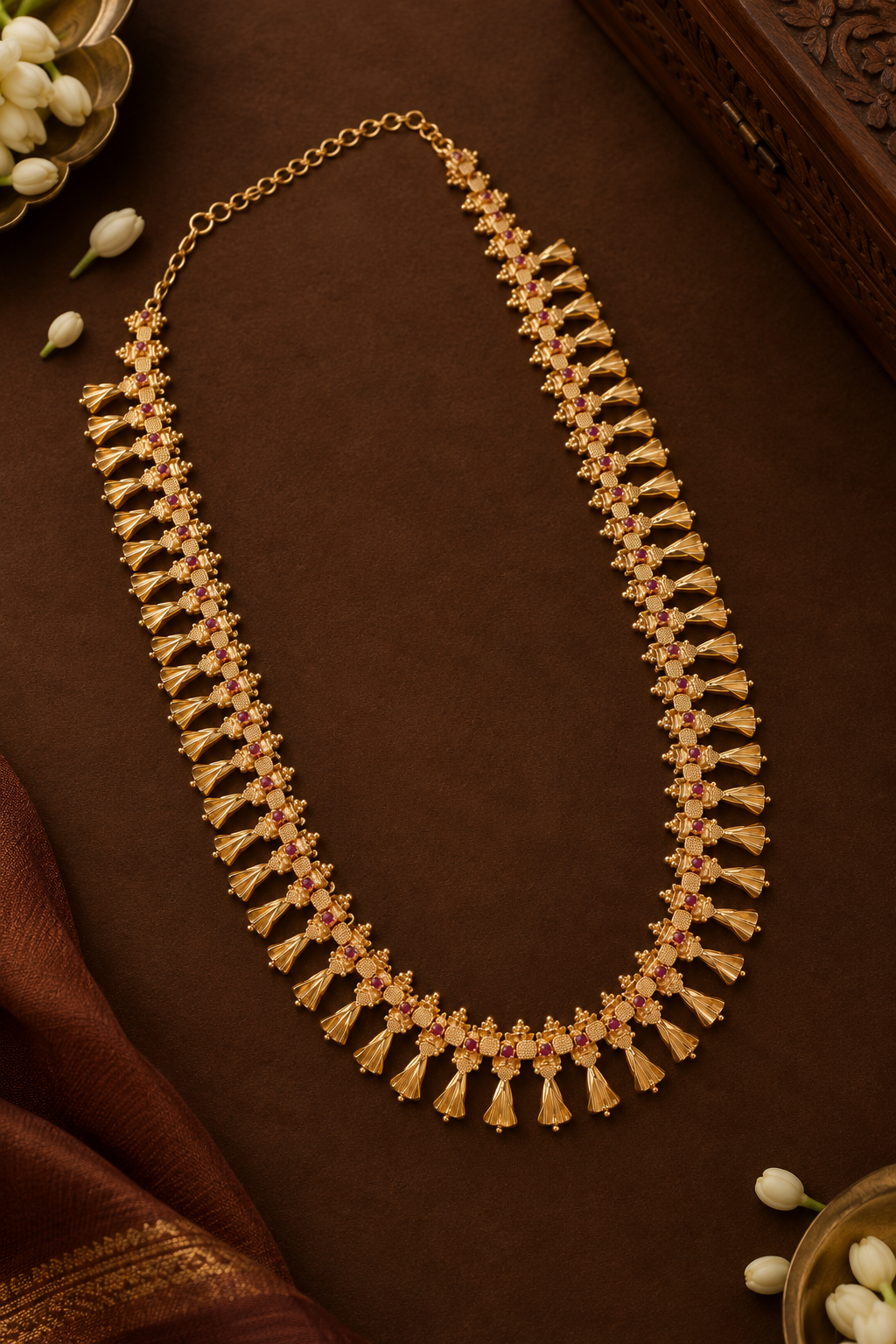 Shankupushpam Mala worn with Kerala kasavu saree - styling inspiration for weddings and Onam