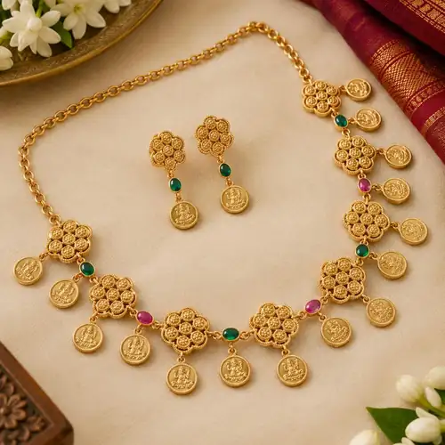 Swarnalakshmi Necklace Set | Traditional Kerala Gold-Plated Temple Jewellery for Women